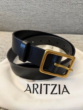 Aritzia Black Leather Belt with Gold-Tone Square Buckle